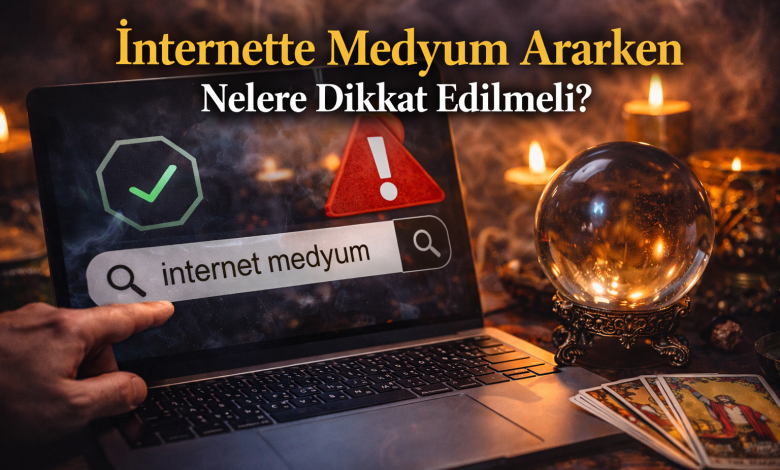İnternette medyum arayan bir kişinin bilgisayar ekranında arama yapması, kristal küre ve uyarı işaretleri