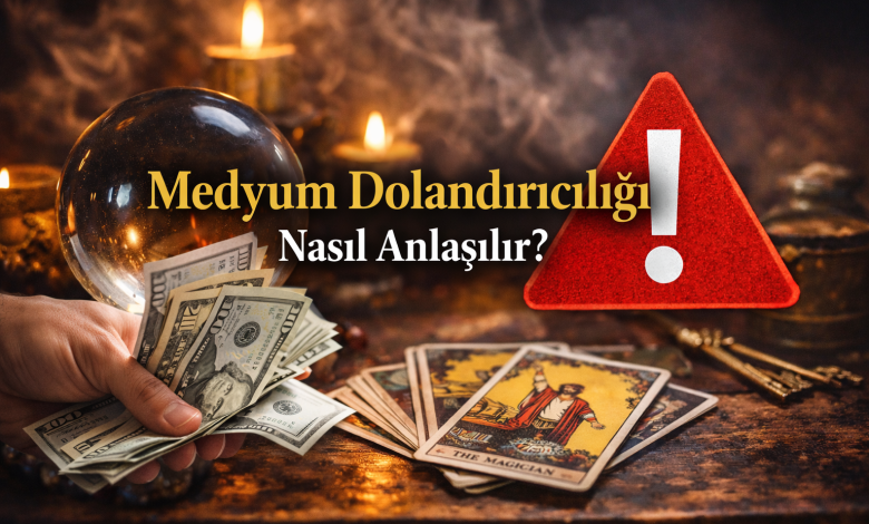 Medyum dolandırıcılığını simgeleyen para, tarot kartları, kristal küre ve uyarı işareti