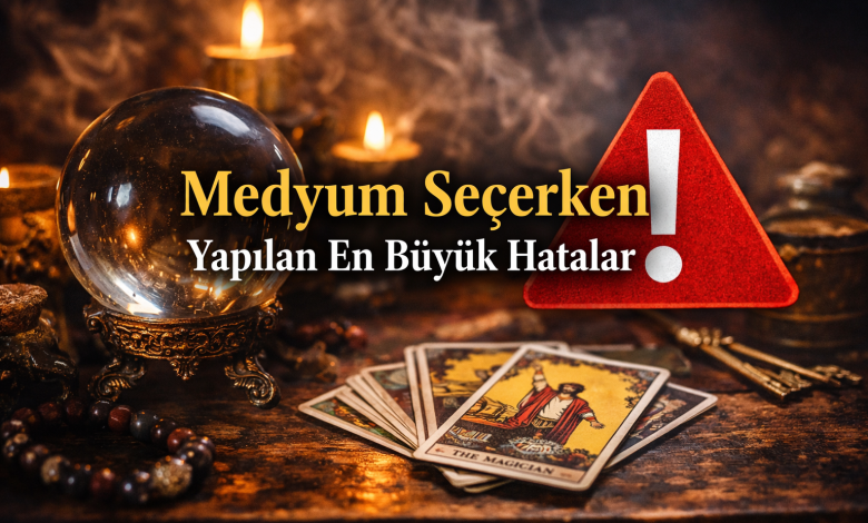 Medyum seçerken yapılan en büyük hataları simgeleyen uyarı işareti, tarot kartları ve kristal küre